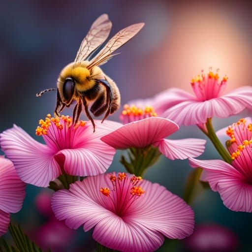 Bee's Joyful Flight Among Hibiscus Flowers