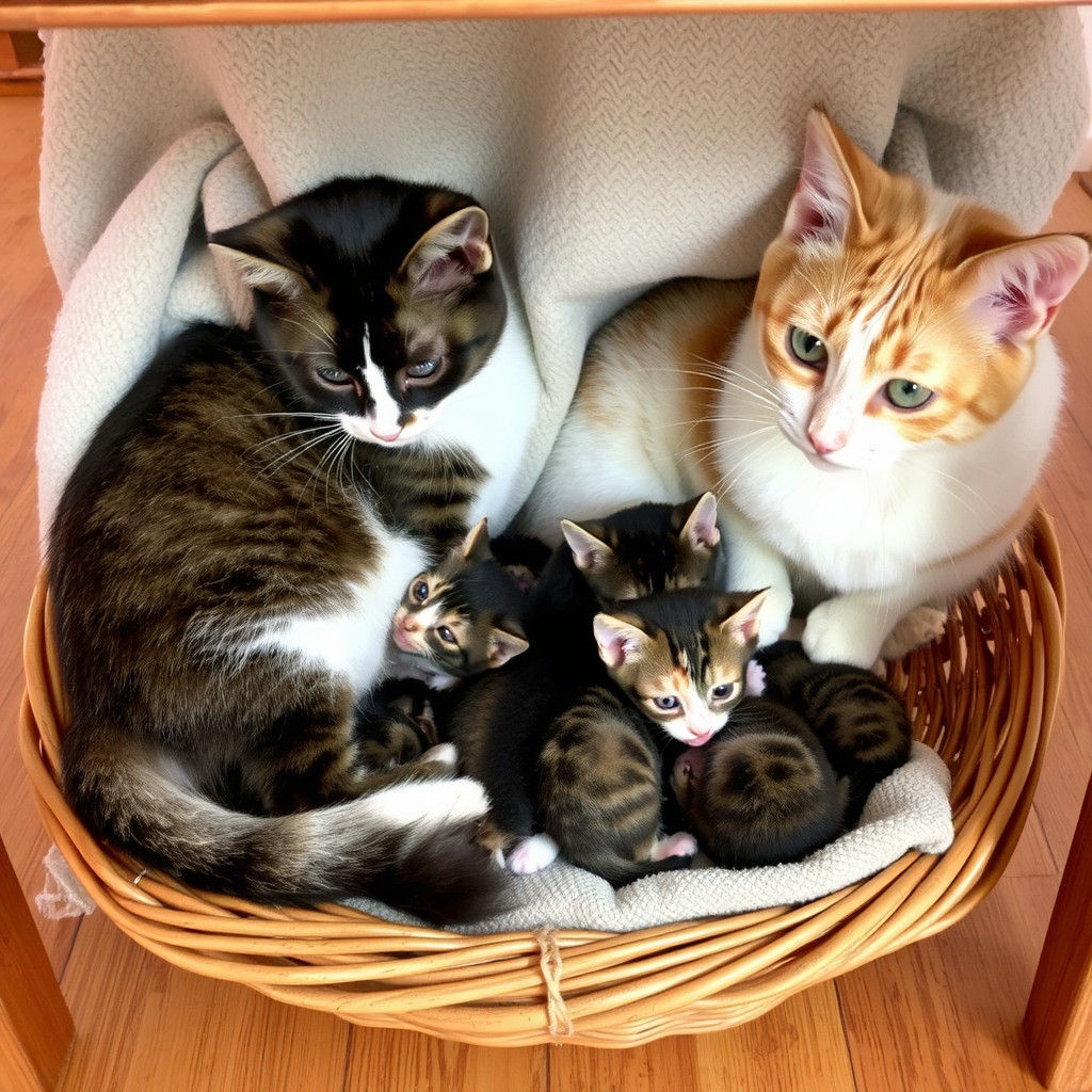 Two Mother Cats Share Kittens in Basket