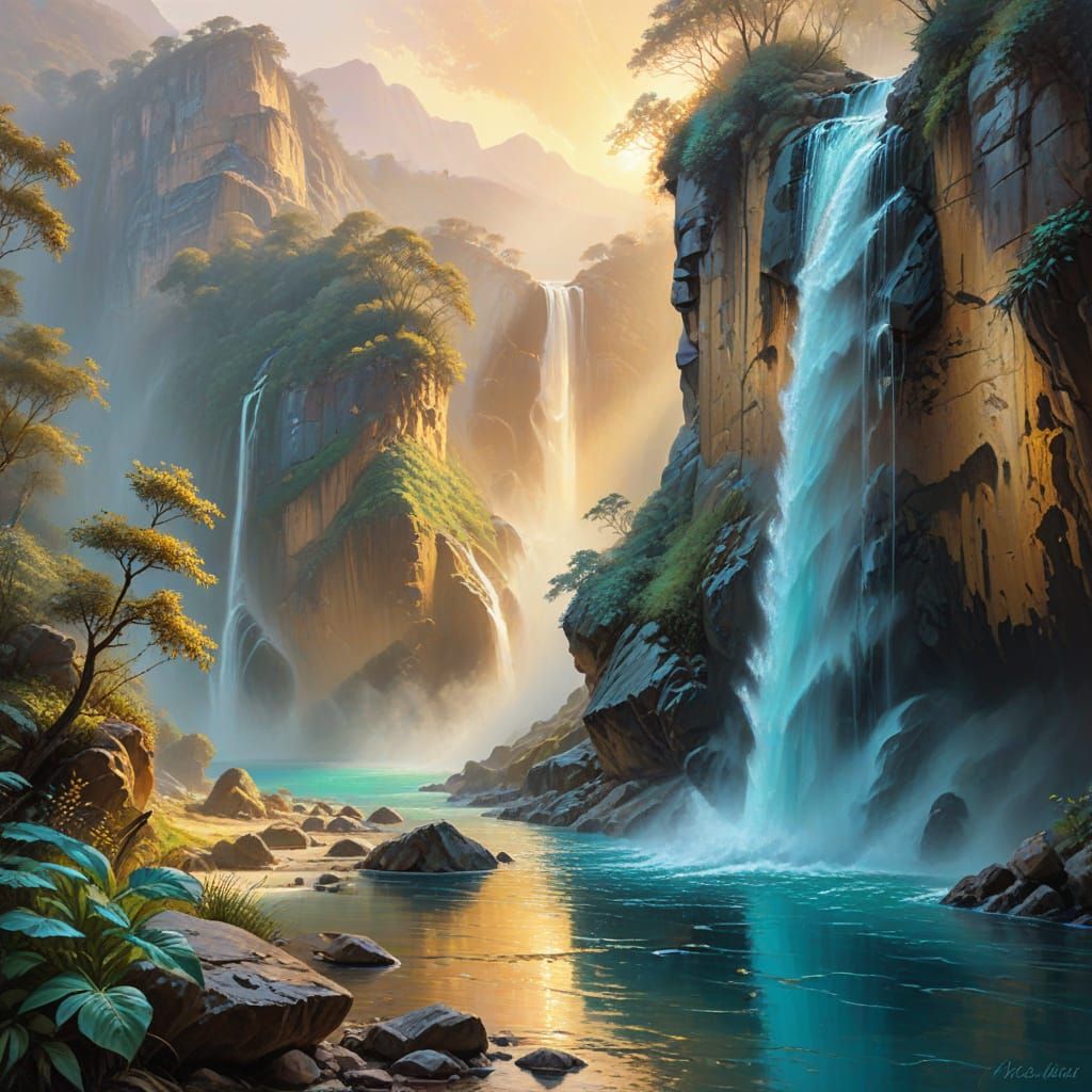 Majestic Waterfall Landscape in Vibrant Oil Painting