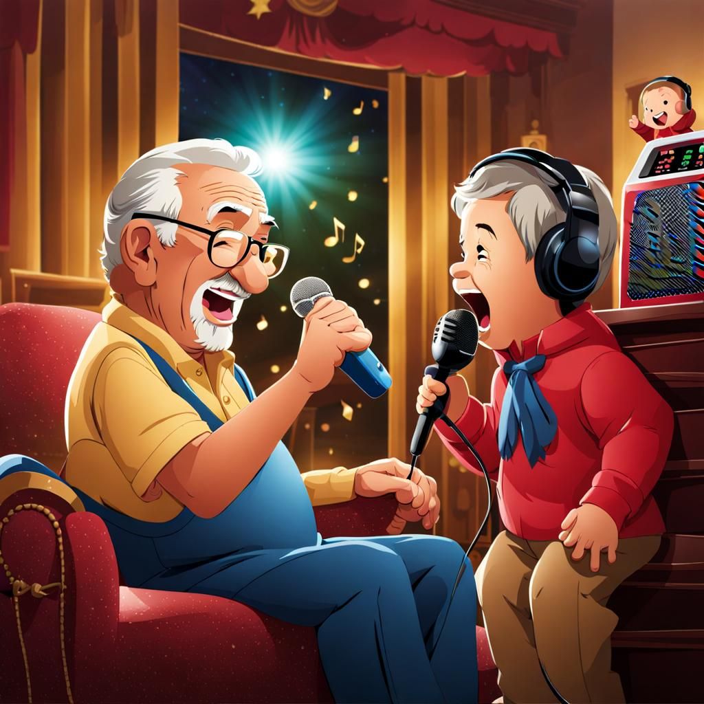 Grandfather and Grandchild Sing Karaoke