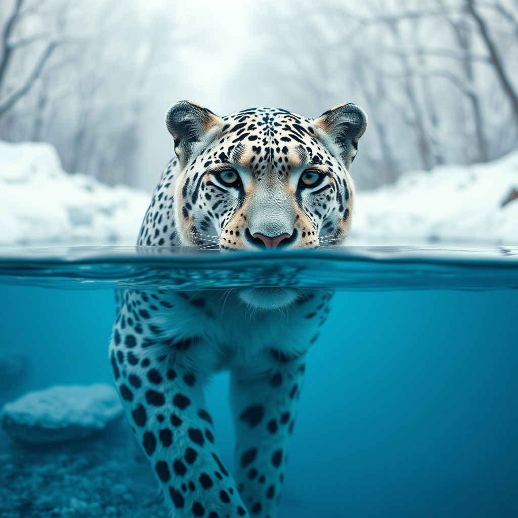 Snow Leopard in Icy River, Photorealistic