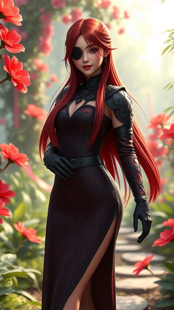 Serene Asian Woman in Cosmic Garden, with Intricate Armor an...