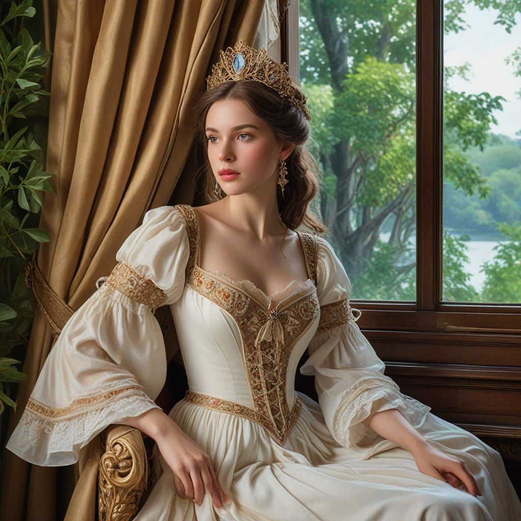 Pirate Princess in Luxurious Captain's Quarters, Watercolor...