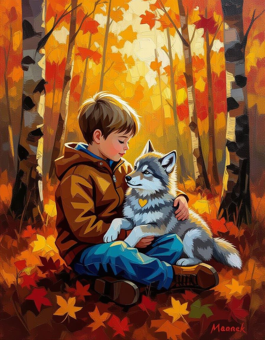 Boy and Wolf Cub in Autumn Forest Oil Painting