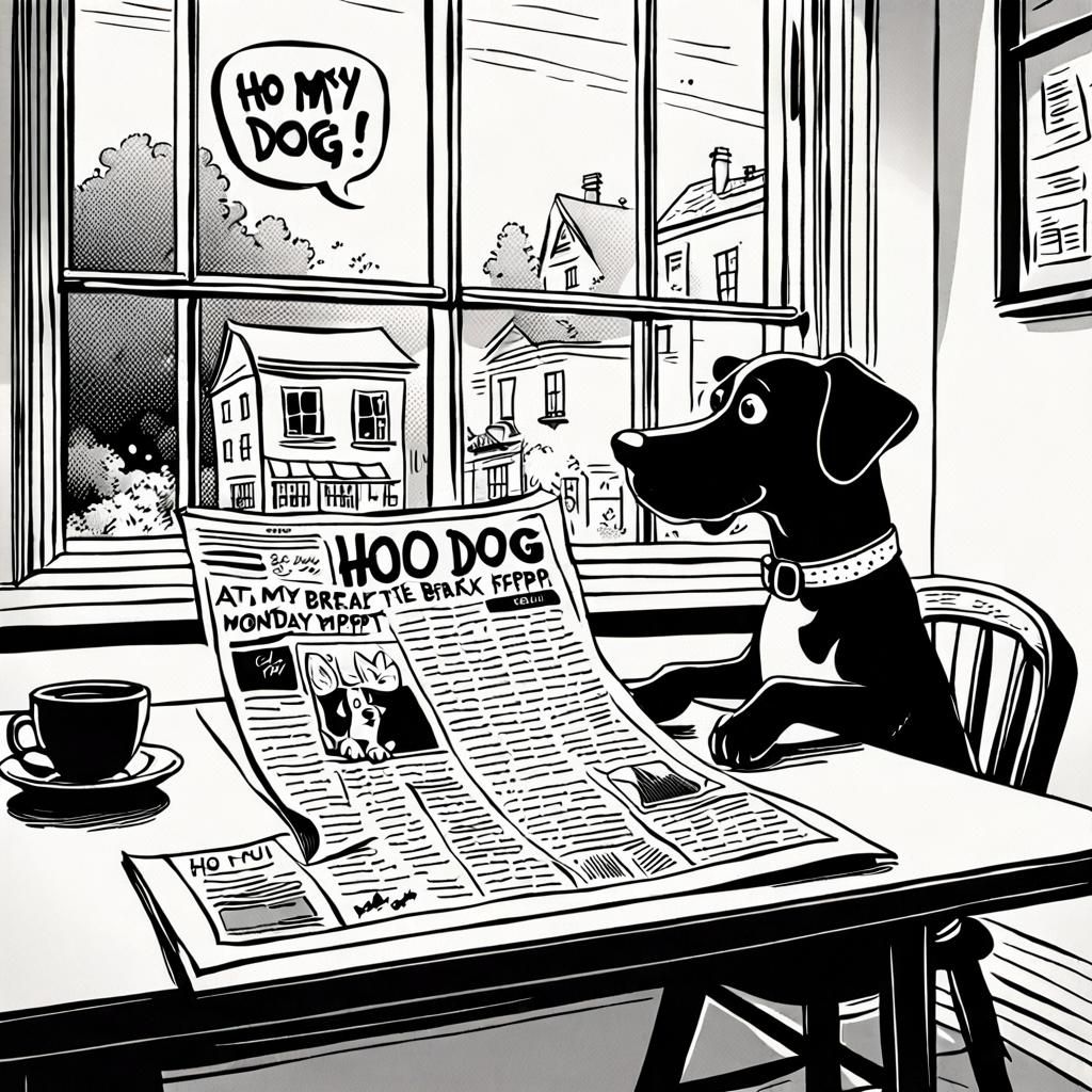 Adorable Cartoon Dog Reading Newspaper in Cozy Kitchen