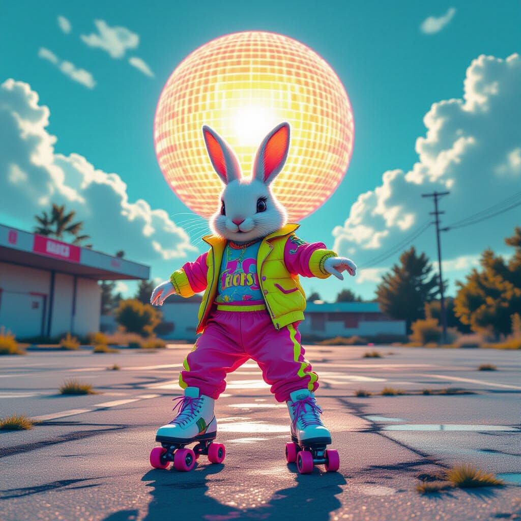 Neon Bunny Skates Under Disco Ball Sun