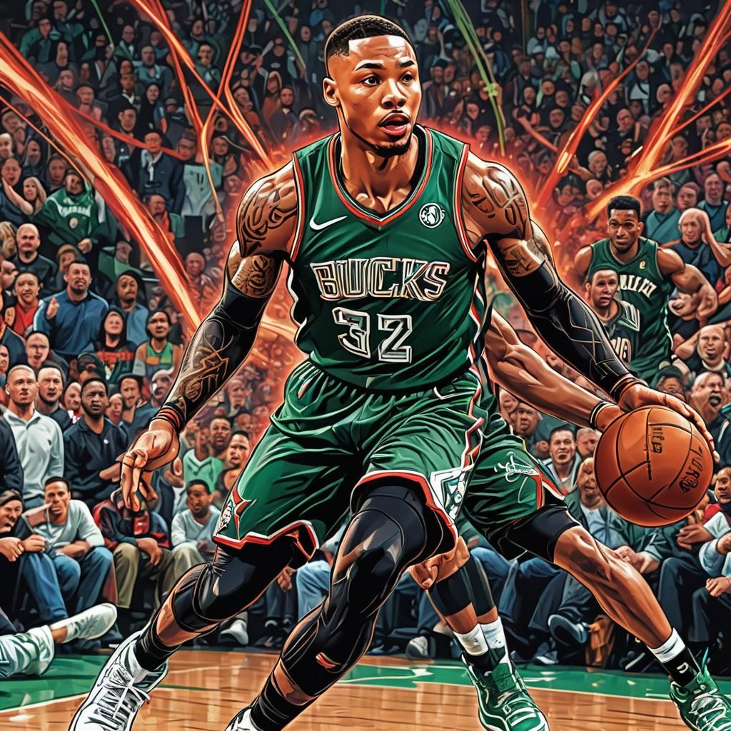 Damian Lillard Comic Book Art in Bucks Uniform