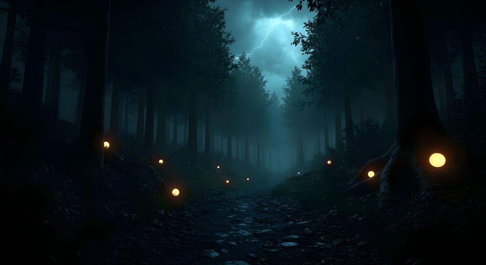 Scary Forest Path with Eerie Orbs