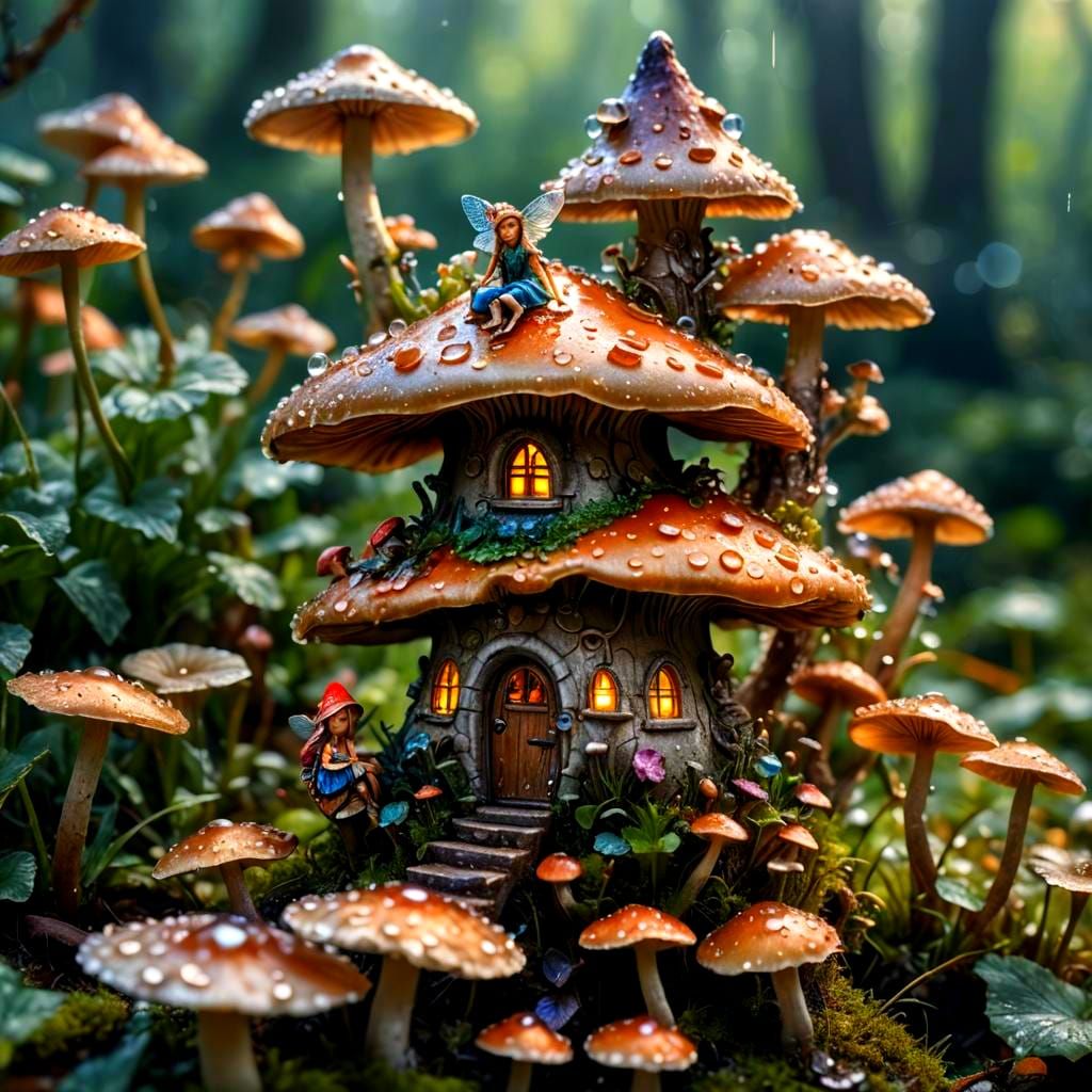 Macro Fairy on Mushroom, Hyperrealistic HDR