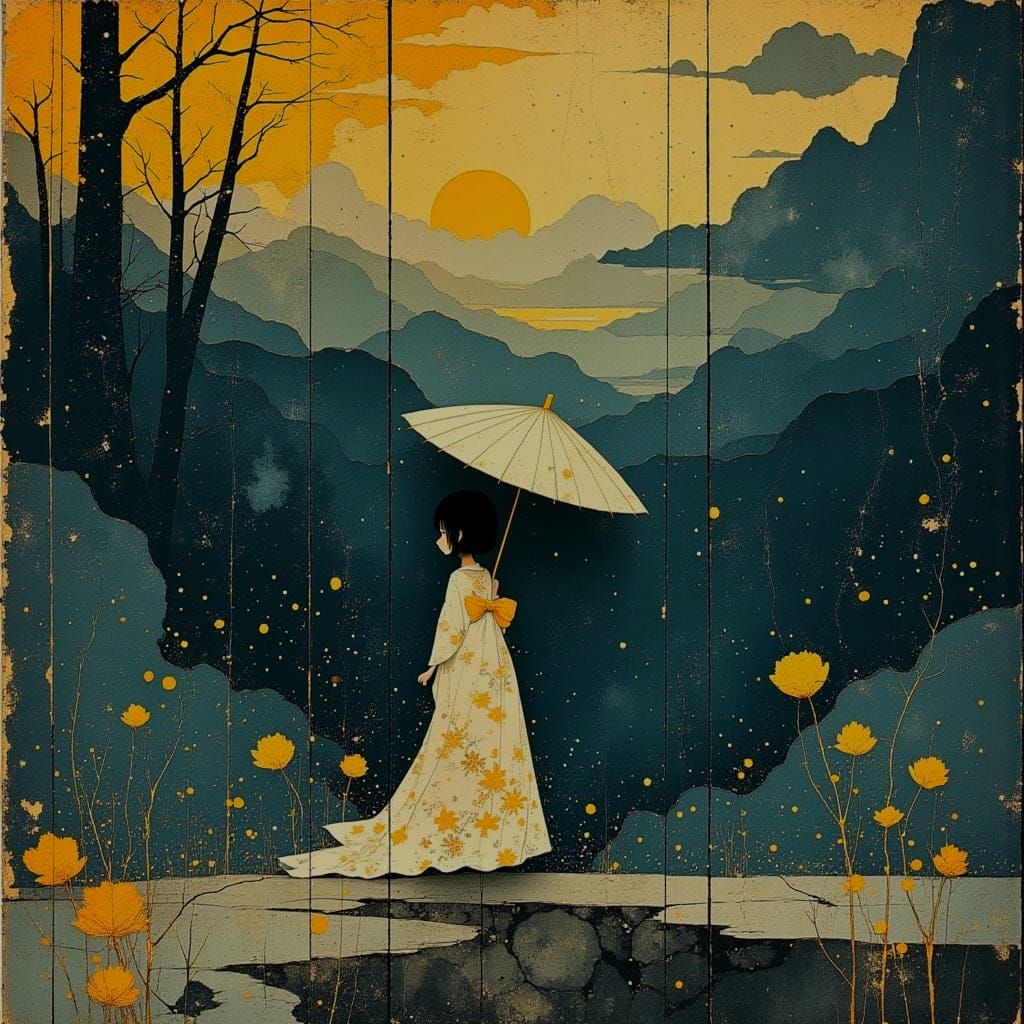 Japanese Girl with Bamboo Umbrella in Paper Art Style