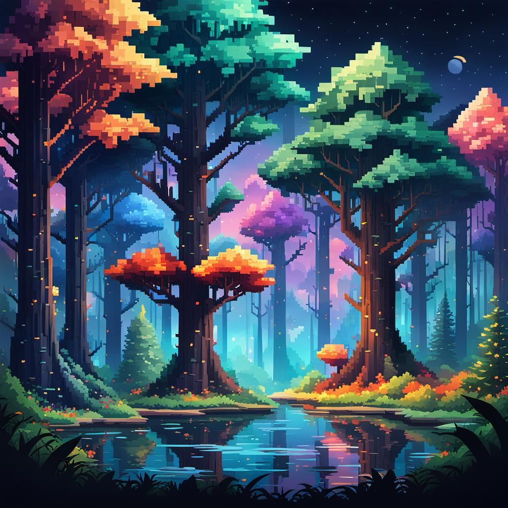 Pixelated Forest at Night: Hyperrealistic Game Art