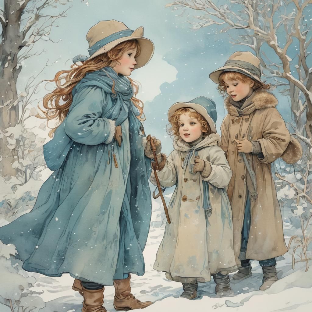 Children Playing in Snow, Alphonse Mucha Illustration