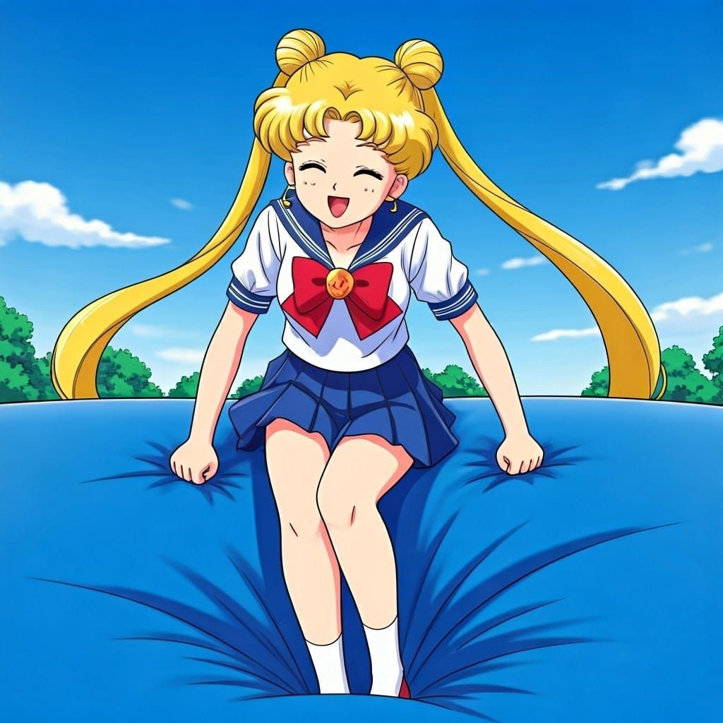 Sailor Moon Schoolgirl Bounces on Blue Bouncy Castle in Joyf...