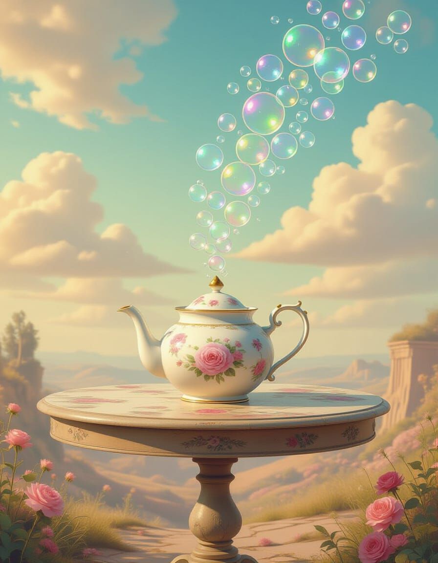 Enchanted Teapot Pours Dream Bubbles in Surreal Landscape