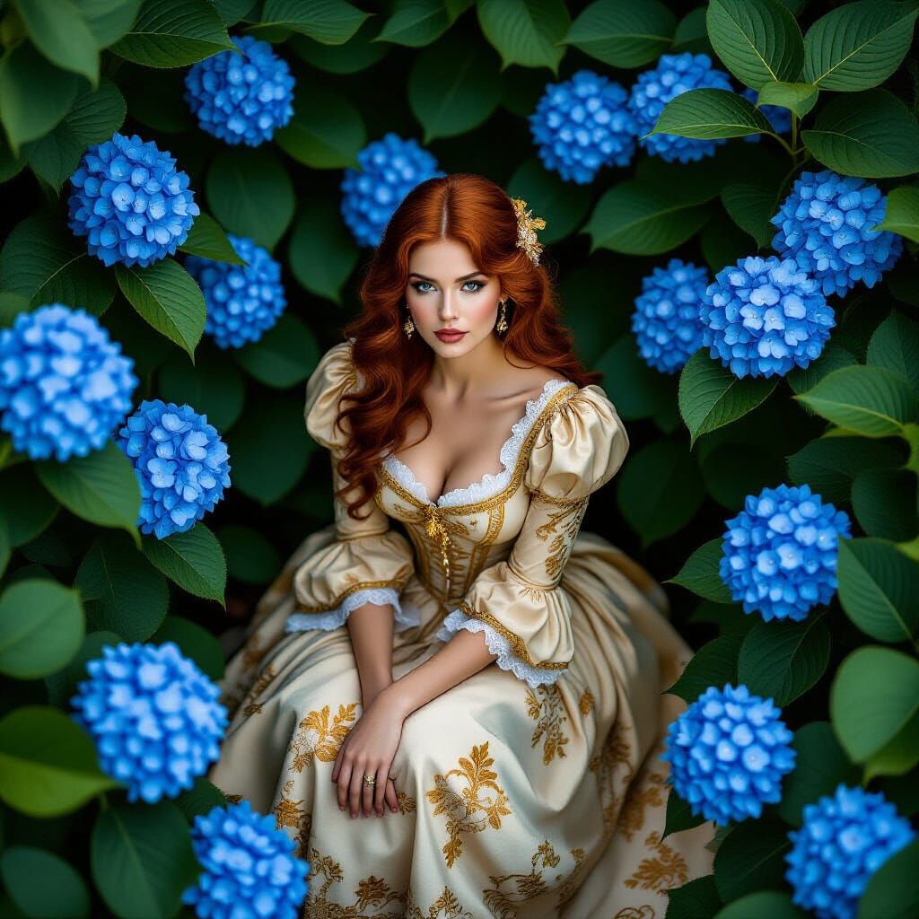 Woman in Baroque Dress Among Blue Hydrangeas