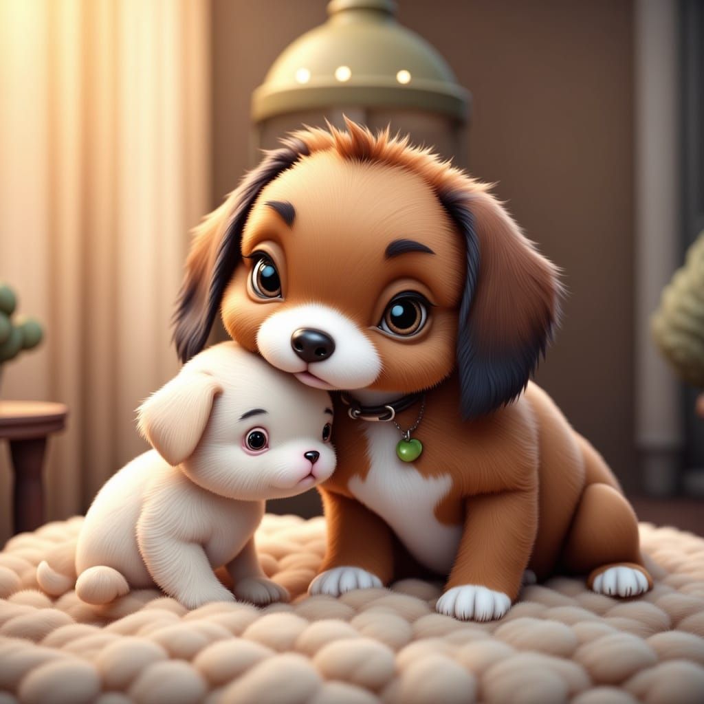 Cute Mom Dog and Small Doggy Snuggle Up Together in Adorable...