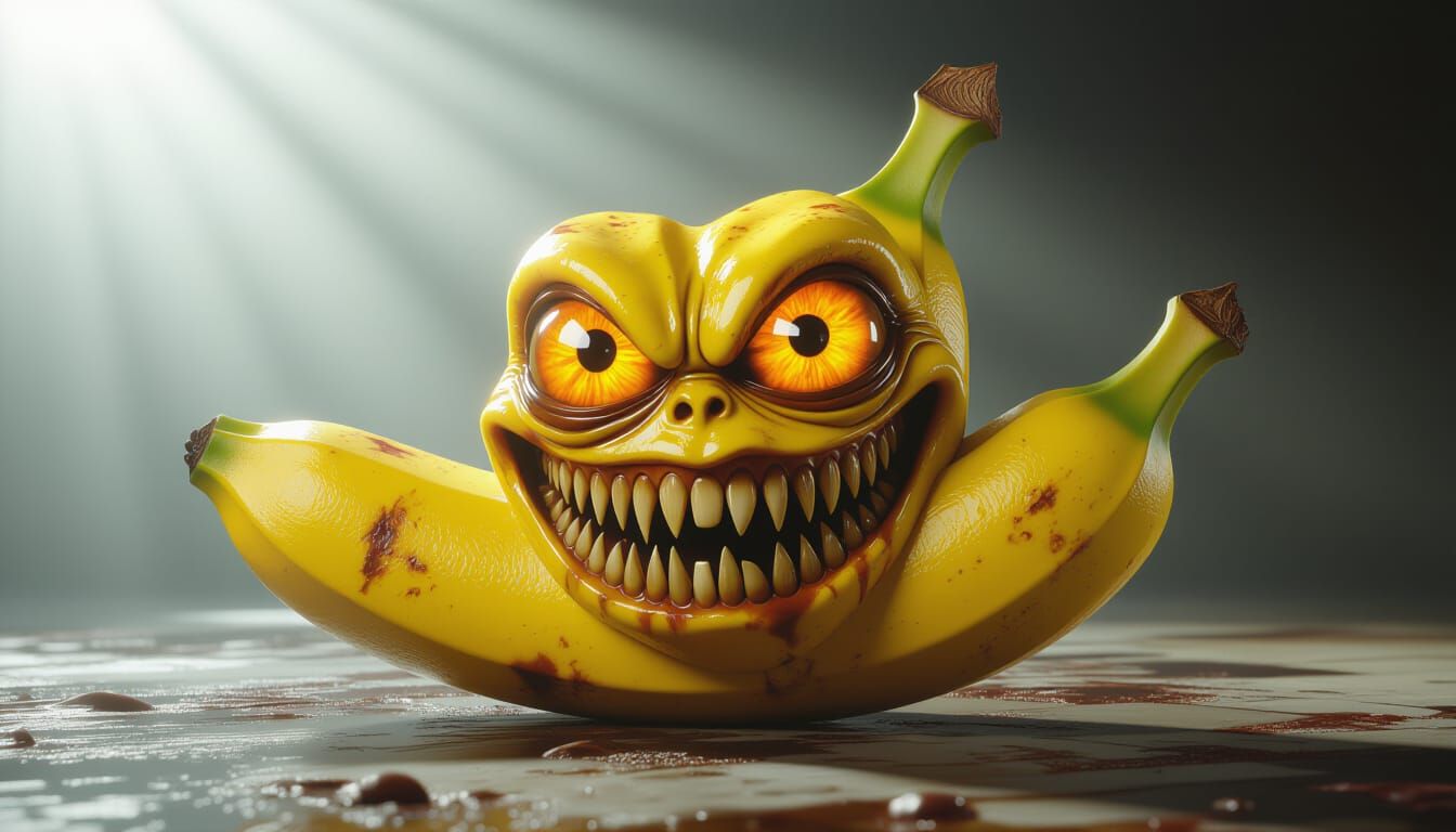 Evil Banana with Glowing Eyes: Surreal Horror Art