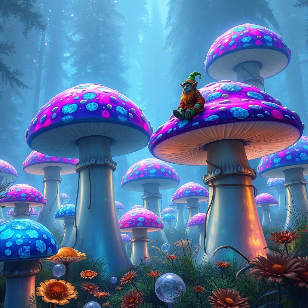 Whimsical Forest of Giant Mushrooms in Vibrant Blue and Purp...