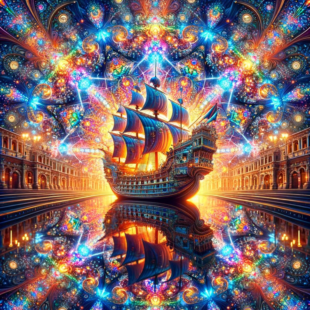 Majestic Galleon in Roman Port, Fractal Kaleidoscope Art