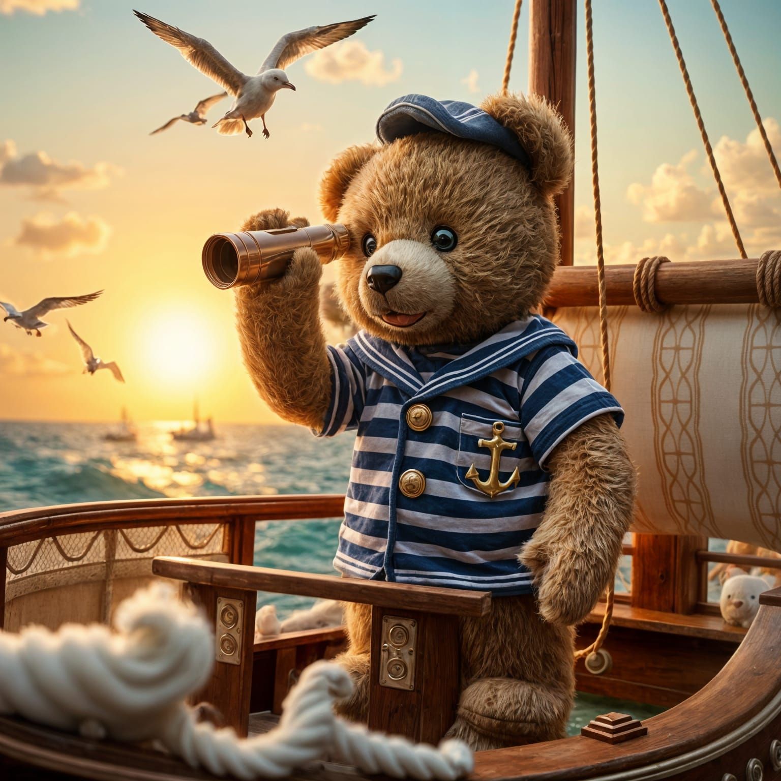 Teddy Bear Sailor on a Plush Toy Ship