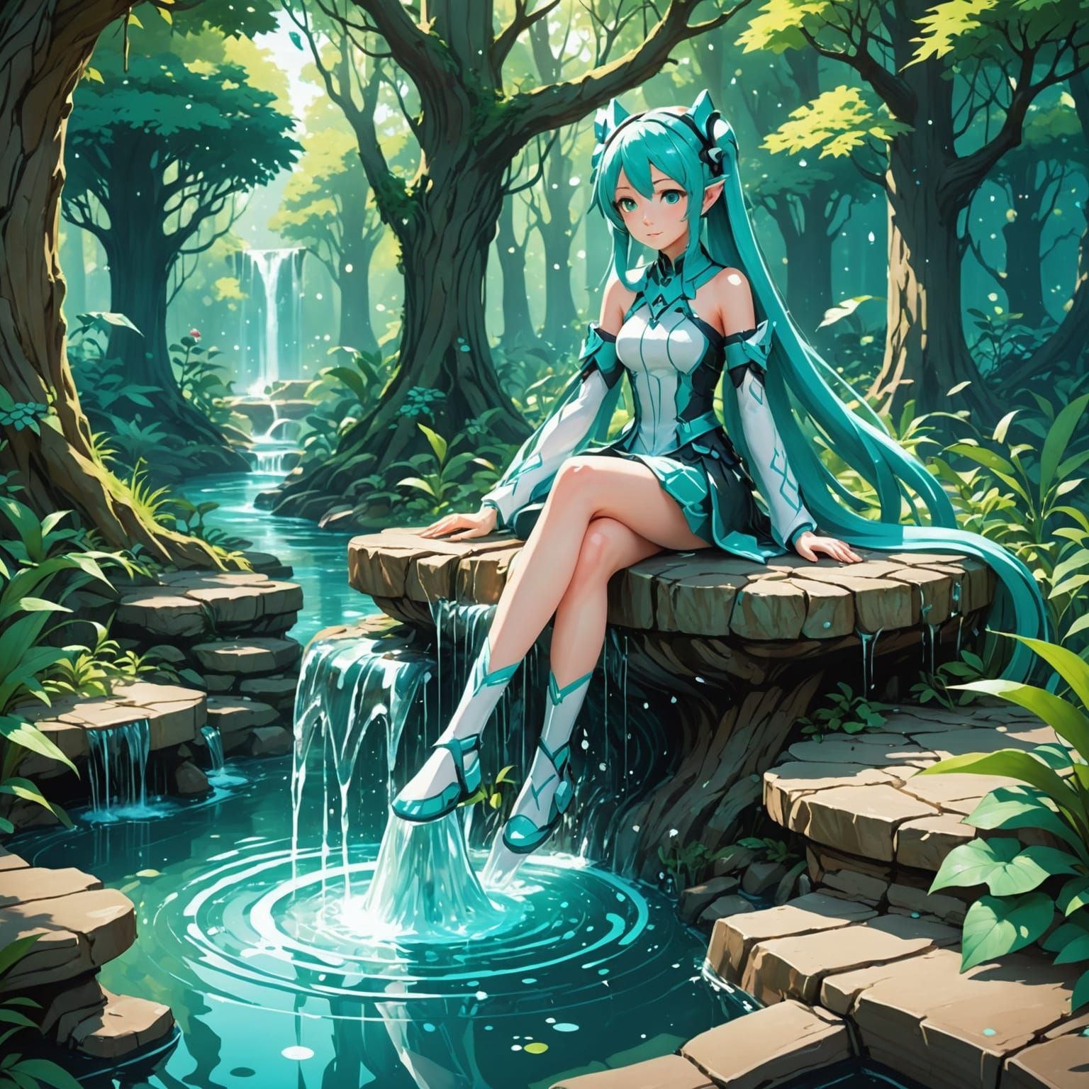 Magical Forest Fountain with Elf Anime Art