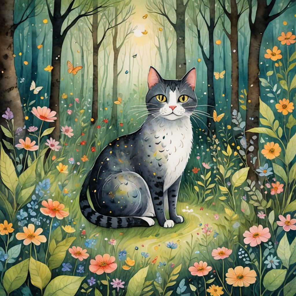 Whimsical Cat and Friends in Lush Forest
