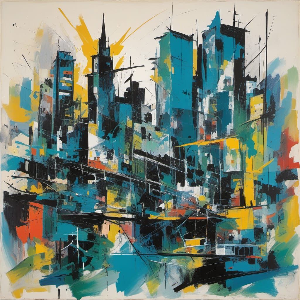 Dynamic Cityscape in Bold Abstract Expressionist Style