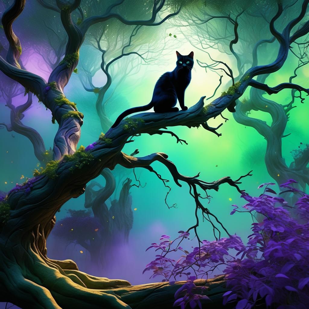 Whimsical Cat in Mystical Forest Concept Art
