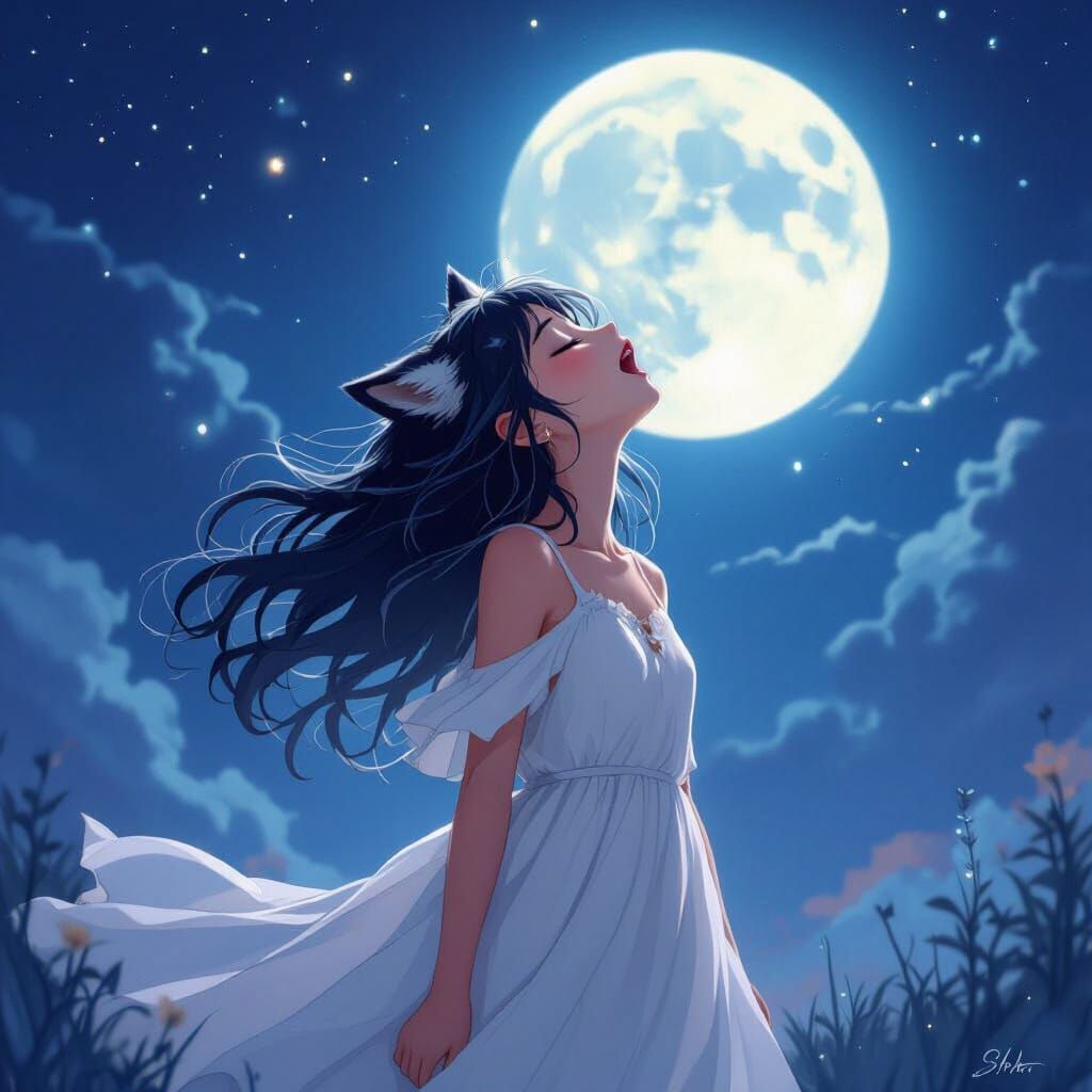 Wolf Girl Howling at Moon in Whimsical Style