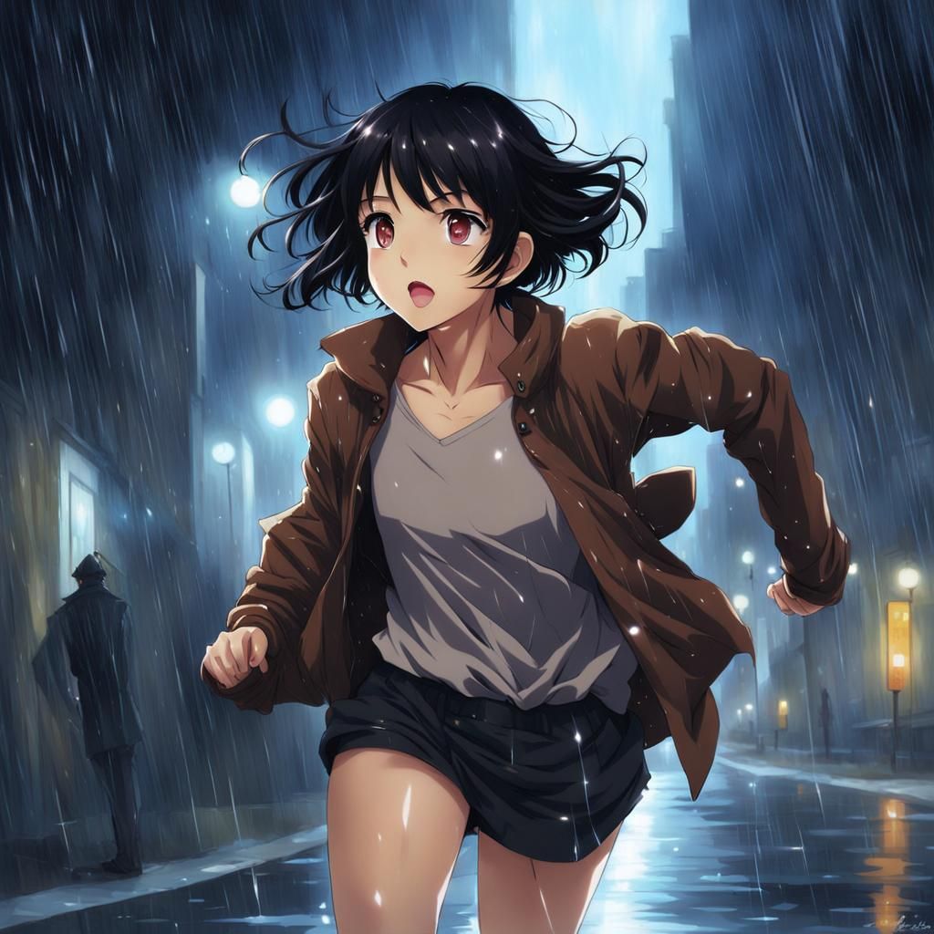 Girl Running in the Rain: Anime Style