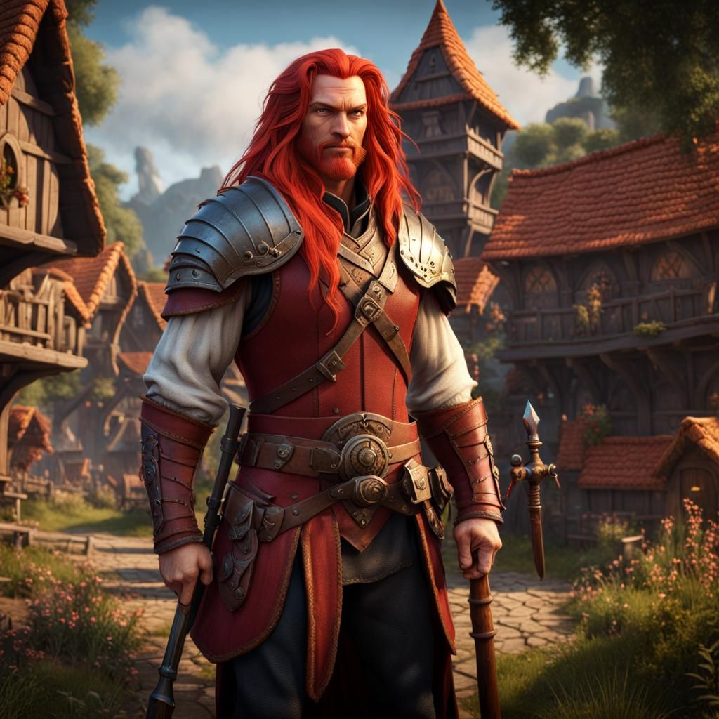 Fantasy Townsguard with Red Hair in Village