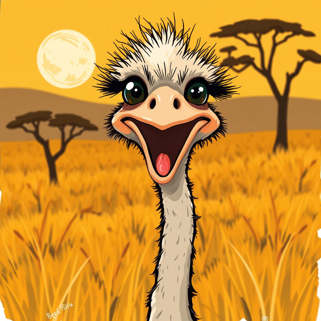 Joyful Ostrich on the Savannah in Storybook Style