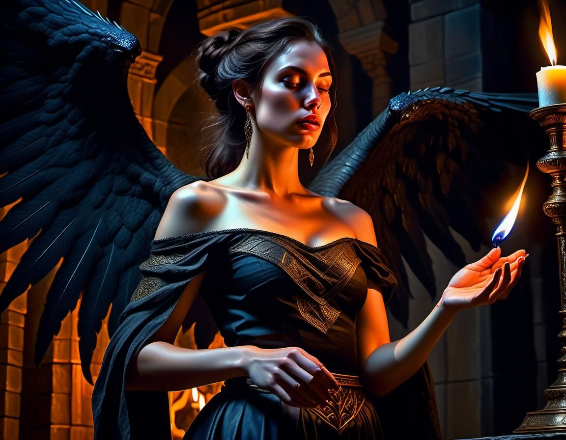 Renaissance Woman with Winged Demon in Chiaroscuro