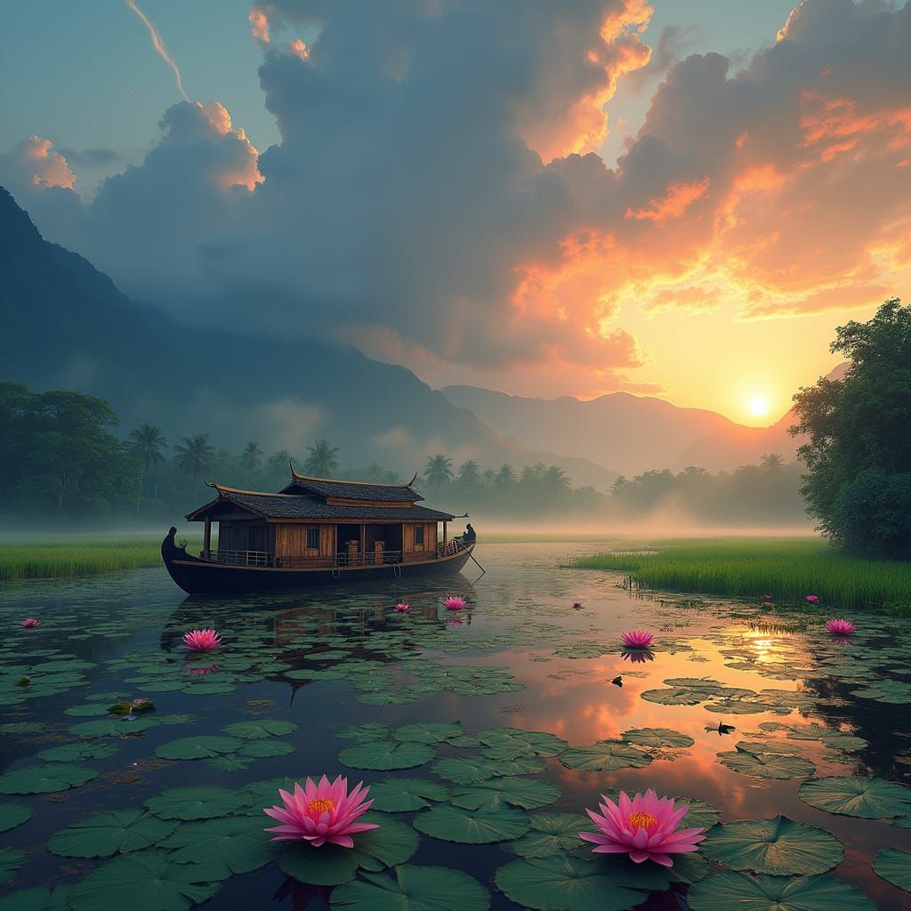 Thai Houseboat on Tropical Lake at Sunset