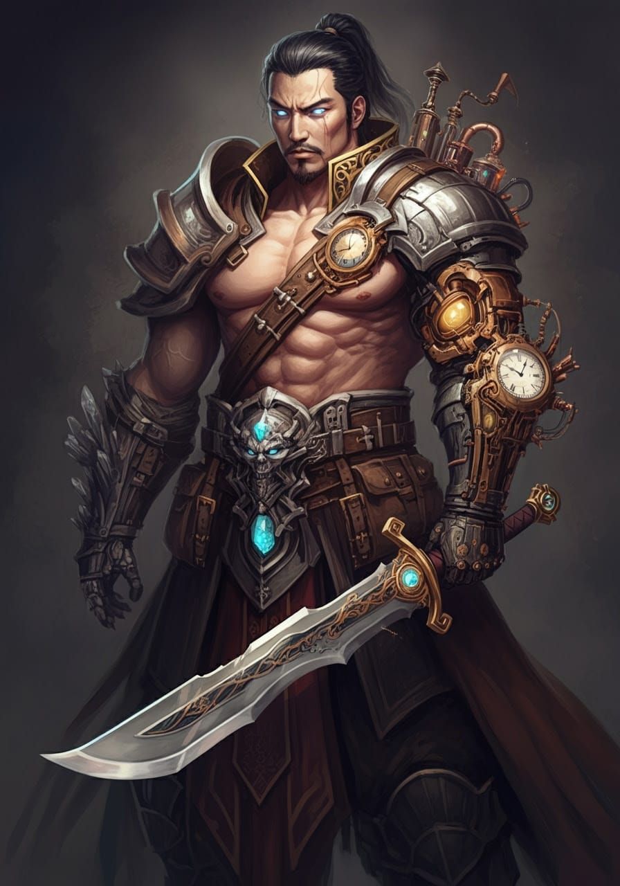 Steampunk Warrior with Ornate Scimitar, Ink and Watercolor S...