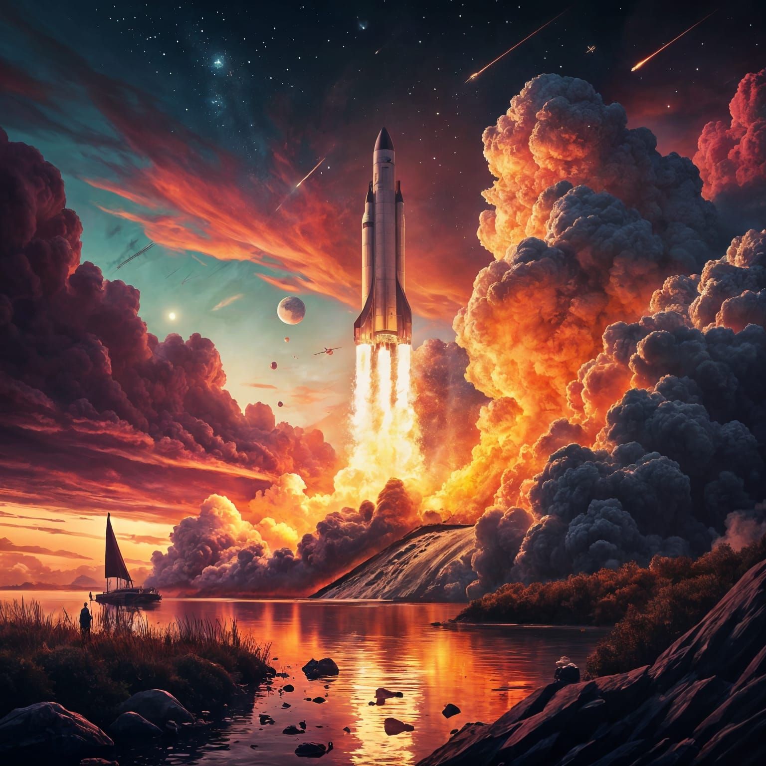 Epic Rocket Launch in Futuristic Style