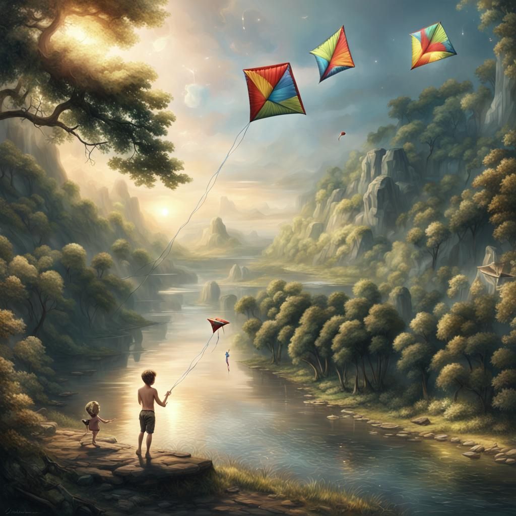 Boy Flying Kite in Solarpunk River Scene