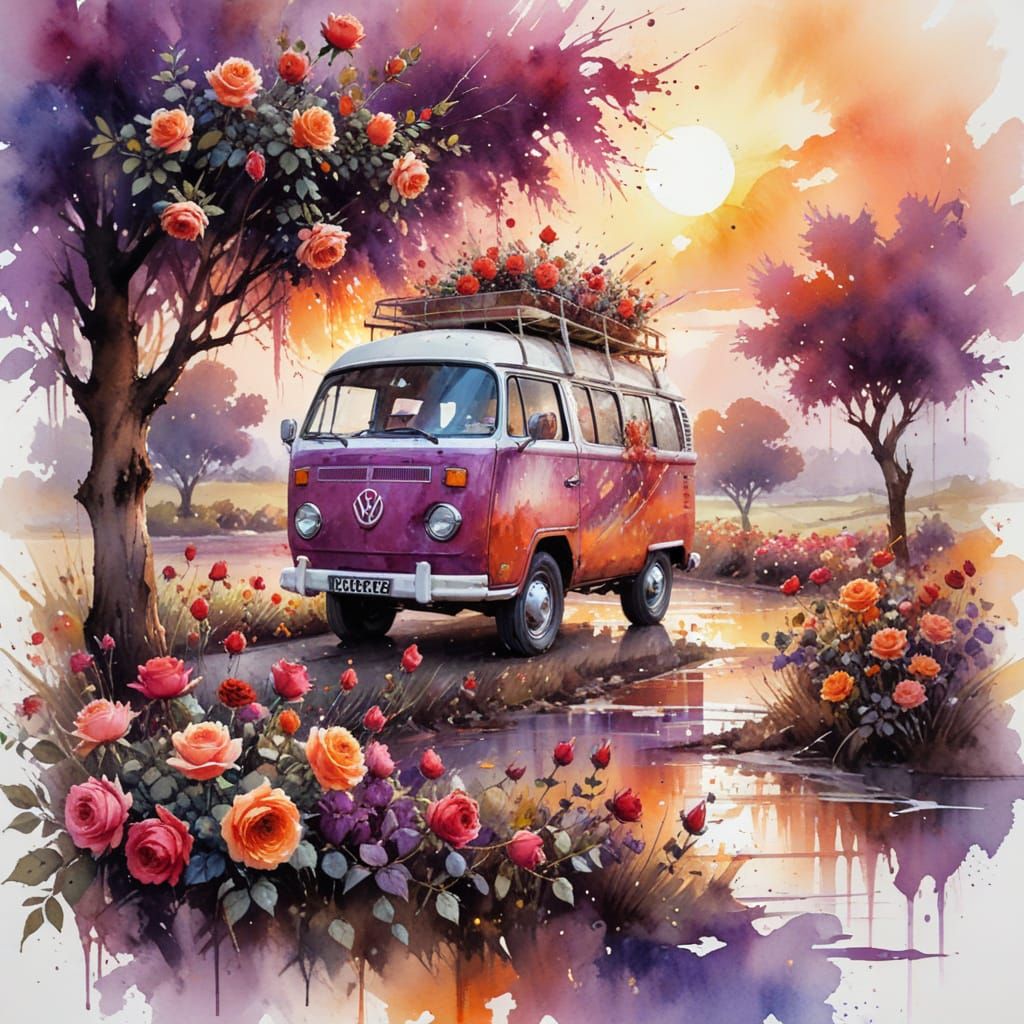 Vintage Campervan in Rose Garden at Sunset