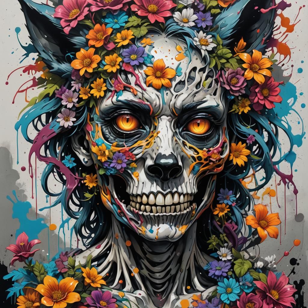 Anxiety Monster Girl: Graffiti Art with Wolf and Flowers