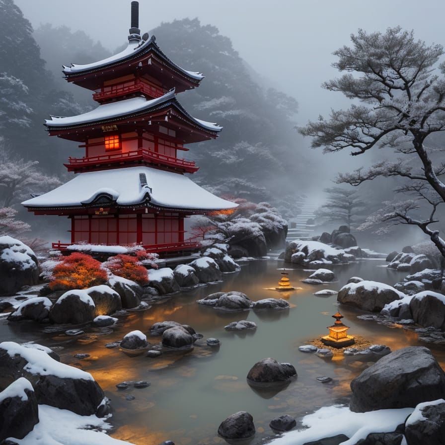 Anime Dragon Companion at Snowy Shinto Temple