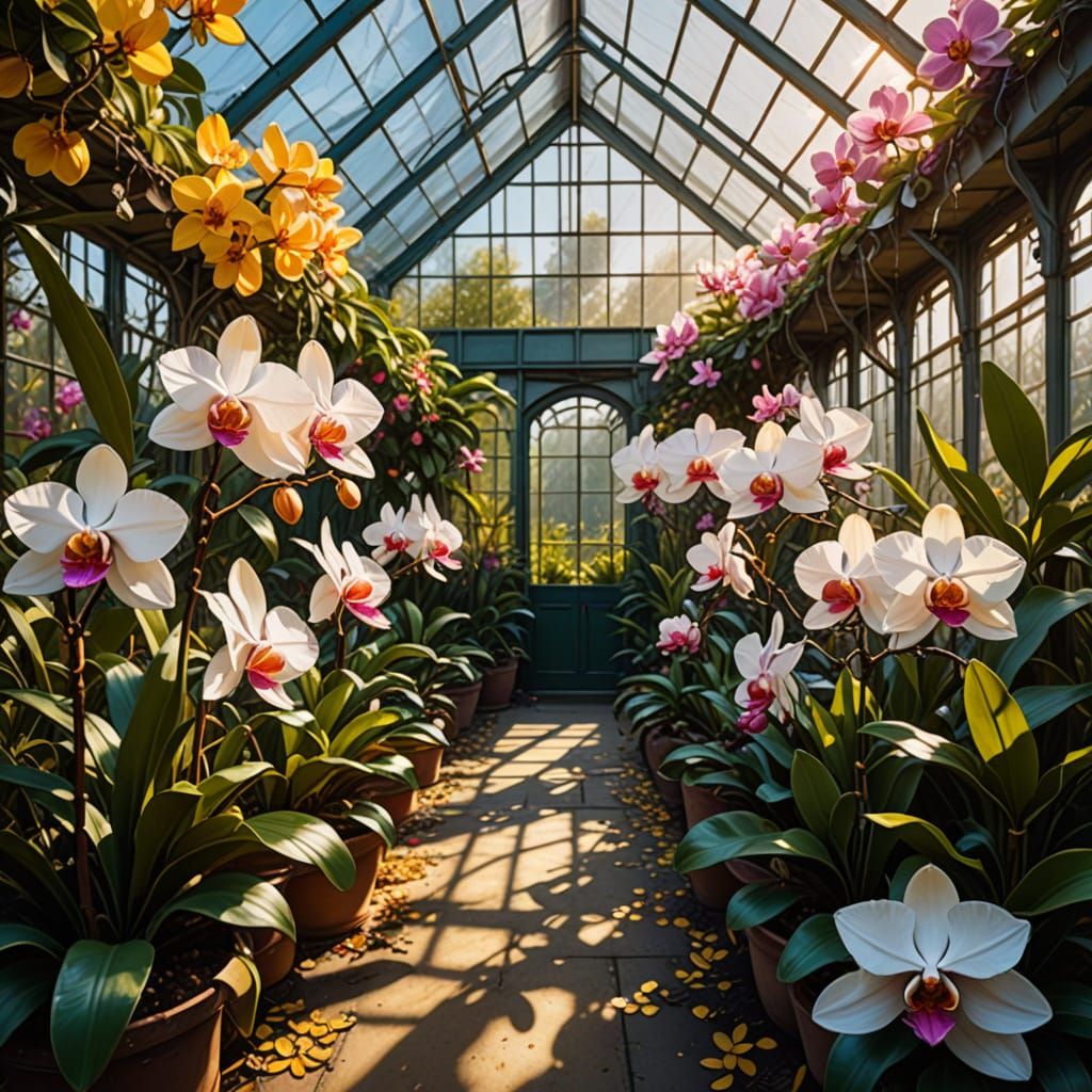 Orchard Greenhouse: Surreal Oil Painting in Triadic Colors