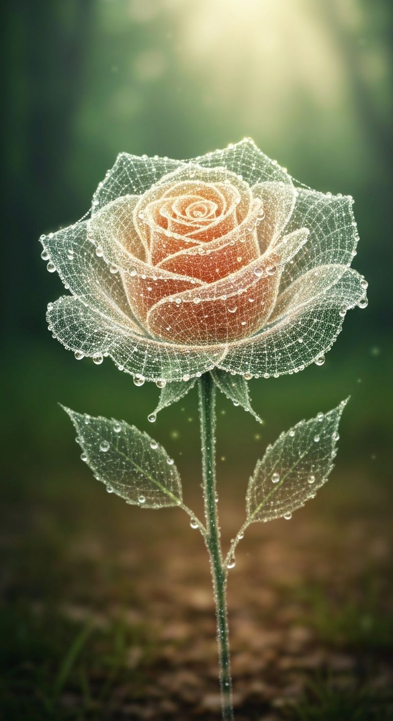 Glowing Spider Silk Rose in Misty Forest Bokeh