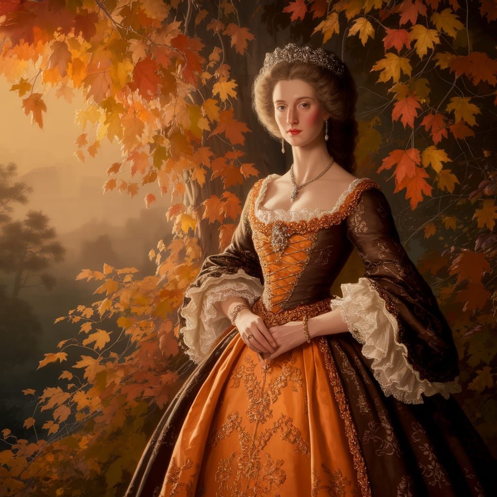 Regal Noblewoman Amidst Autumn Foliage in a Warmly Lit Setti...