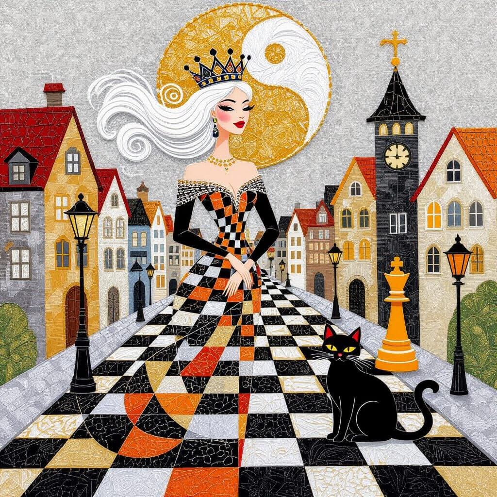 Embroidery Art Deco Chess City with Queen