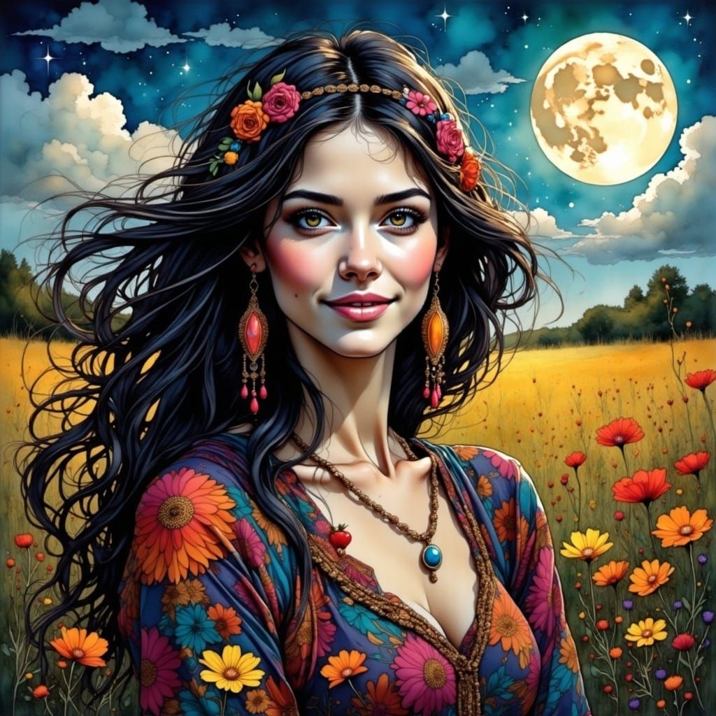 Hippie Woman in Floral Field Under Moonlight