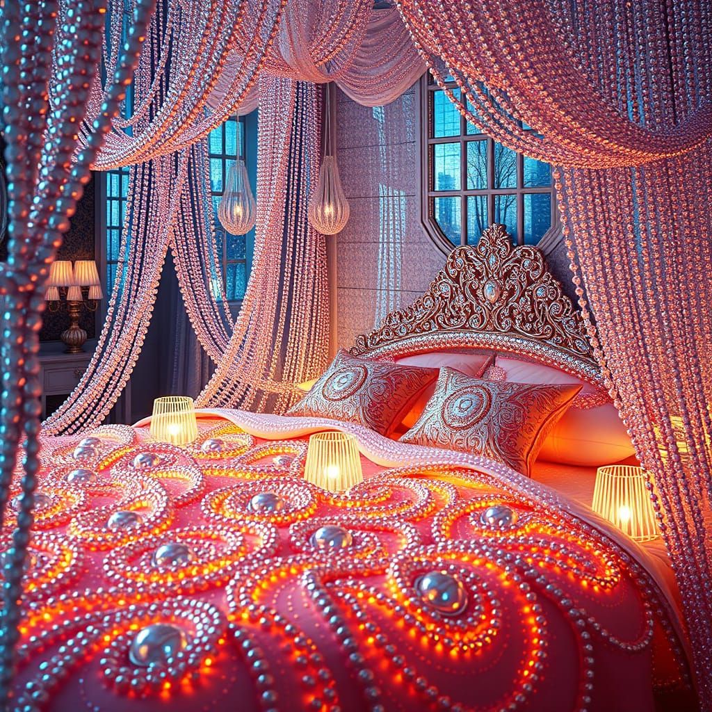 Luxurious Beaded Bed in Cinematic Art Nouveau Style
