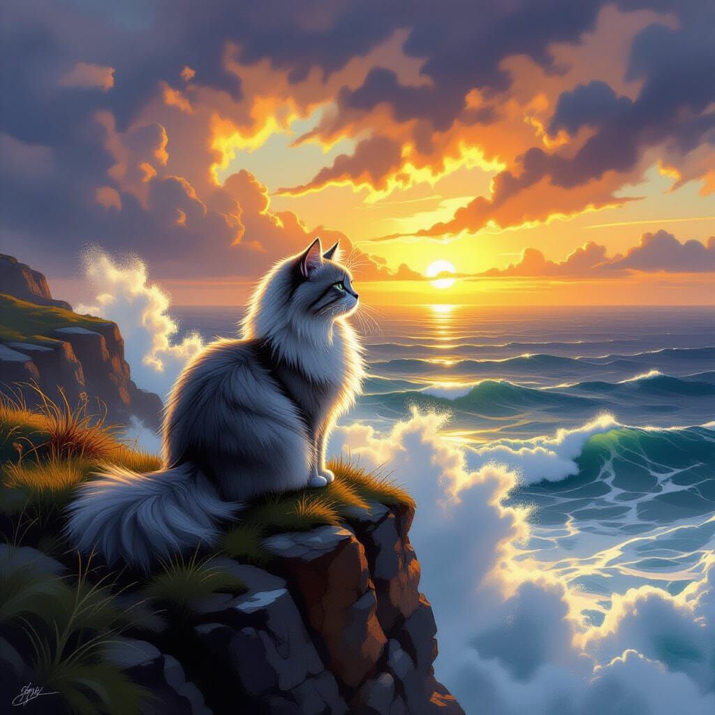 Fluffy Grey Cat on Windswept Cliff at Sunset