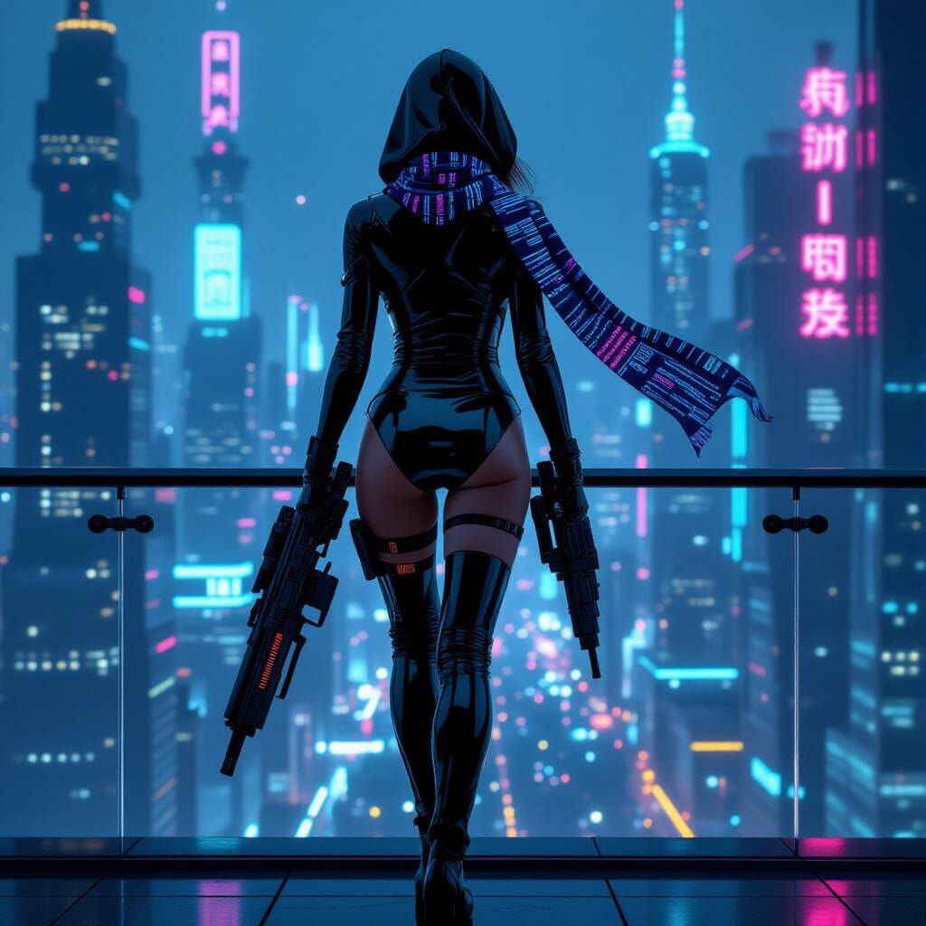 Cyberpunk Sniper Overlooking Neon Spaceport