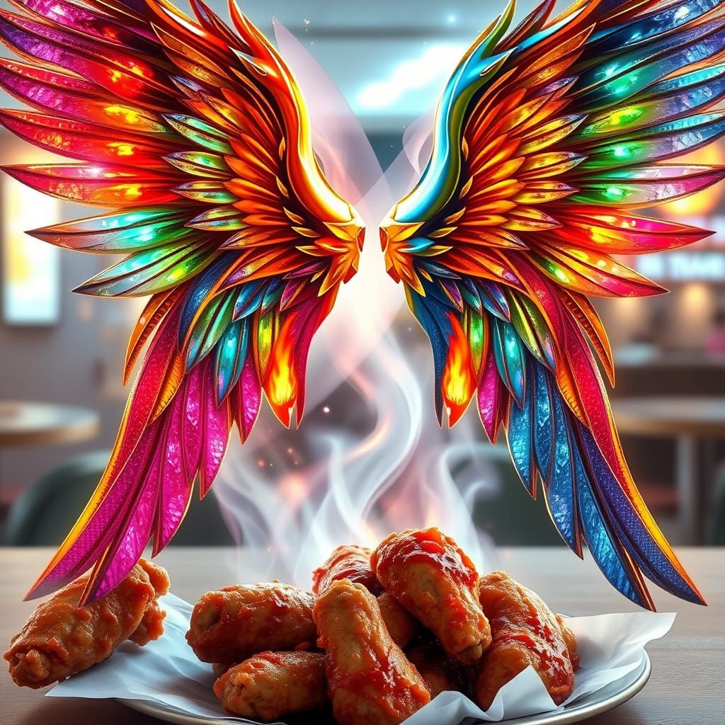 Surreal Wings of Metal, Glass, and Flame Next to Burger Plat...