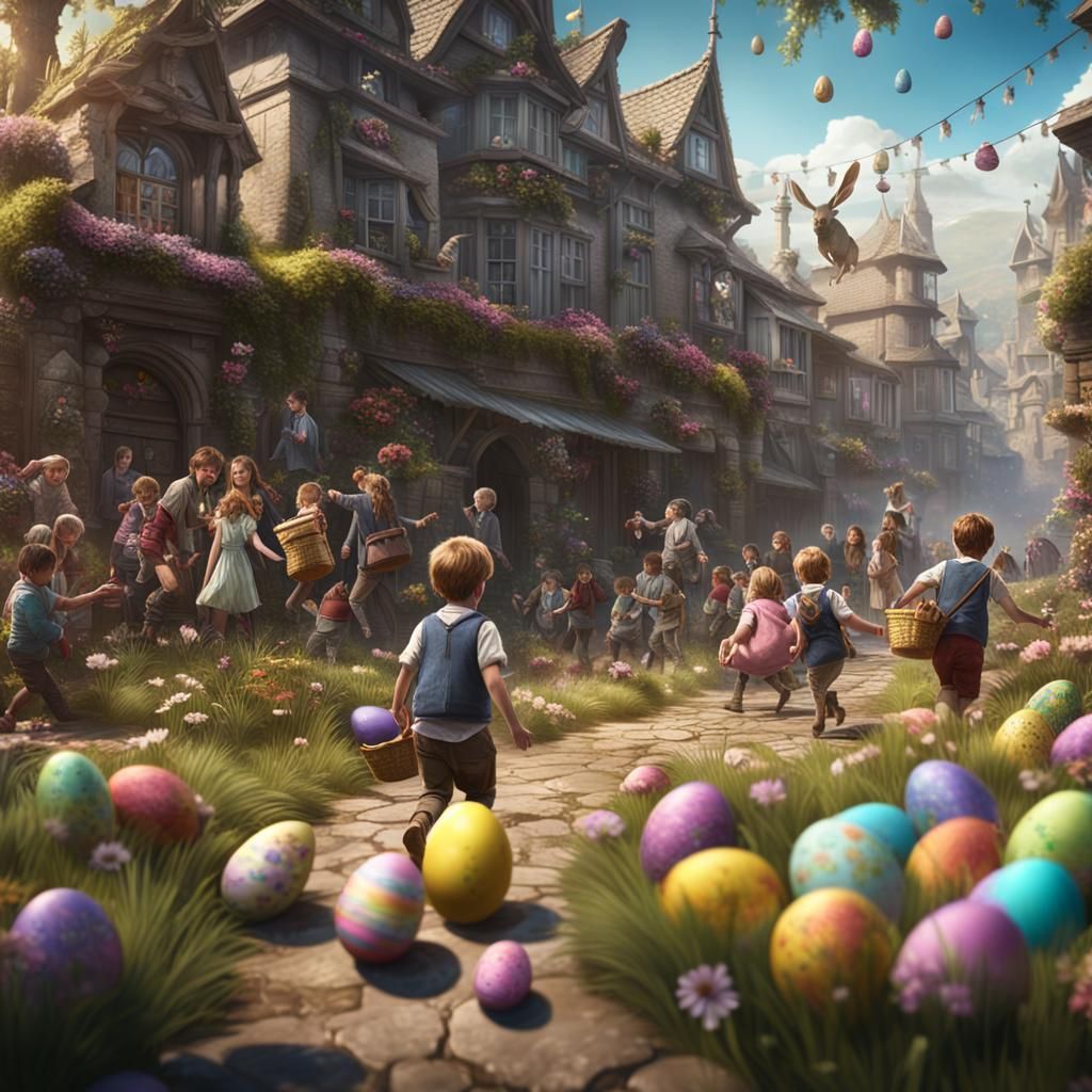 Easter Egg Hunt: A Fantastical Scene in Deep Color